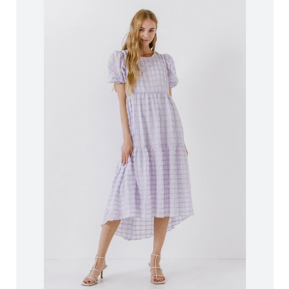 English Factory Lavender Plaid Tiered Dress with Bow Detail, size Medium